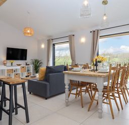 A dining table with chairs and a living area with sofa and television in an open plan room at Woodpecker Lodge in Butterleigh