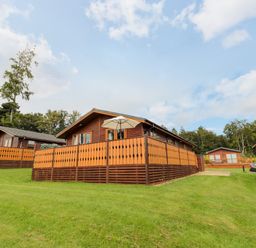 Several wooden lodges with fenced decks on a grassy area with trees in the background at Hillside View in Alnwick