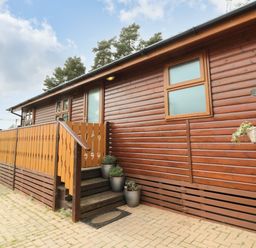 Exterior view of a wooden cabin with stairs and potted plants on a paved area at Hillside View in Alnwick