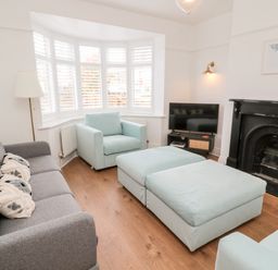 A living room with a gray sofa light blue chairs two ottomans a black fireplace a TV and a floor lamp at Shileen in Seahouses
