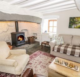 A sitting room with a wood burning stove armchair sofa and coffee table at Tan Y Garth Cottage in Glyndyfrdwy near Llangollen
