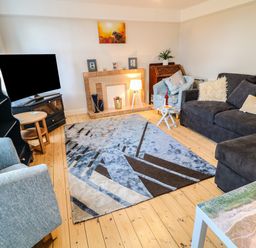 A living room with a blue patterned rug a grey sofa a blue armchair a television and a fireplace at Granny's in Bushmills County Antrim