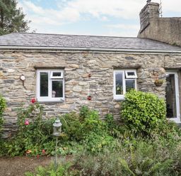 A stone cottage exterior with two windows and garden plants at Cwm Caeth Cottage in Nantmor near Beddgelert