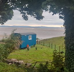 A blue shepherds hut on grass near a body of water with trees in the foreground at Seashore Shepherds Hut @ Moat Farm in Aldingham near Ulverston