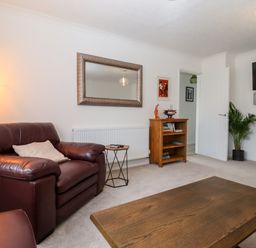 A living room with a leather armchair a wooden coffee table a floor lamp a wall mirror a wooden bookcase a potted plant and a wall-mounted television at 3 Granbrook Lane Mickleton Gloucestershire
