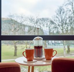A small round table with two orange mugs and a French press filled with coffee in front of a large window overlooking trees and a park at Riverside Park 6 in Keswick