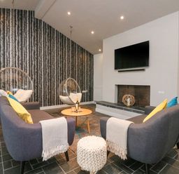 A living room with two gray sofas, a round wooden table, hanging bubble chairs, a fireplace, and a wall-mounted TV at Landmark in Salcombe