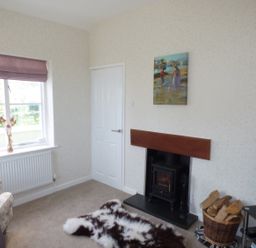 A living room with a fireplace firewood basket a floral armchair a window and a television at Hafod Cottage in Cemaes Bay