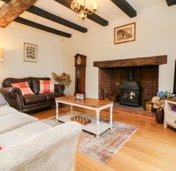 A living room with a fireplace two sofas a coffee table a floor lamp and a television at Home Farm Cottage in Fremington Devon
