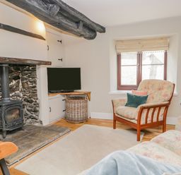 A living room with a wood burning stove a television and patterned armchairs at Ashness in Bassenthwaite near Keswick