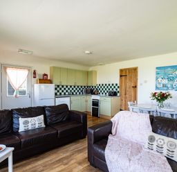 A living room and kitchen area with brown leather sofas and a kitchen with green cabinets at Atlantic Lodge in Port Isaac