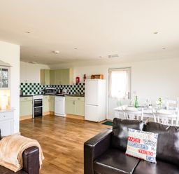 A kitchen and dining area with green cabinets, a white refrigerator, a stove, a dishwasher, a white dining table with chairs, and a dark brown leather sofa with a cushion at Puffin Lodge in Port Isaac