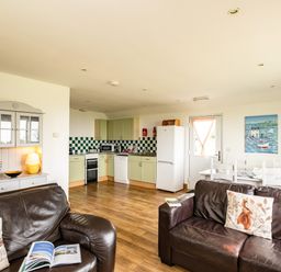An open living area with brown leather sofas a kitchen with green cabinets and a dining table with white chairs at Dolphin Lodge in Port Isaac