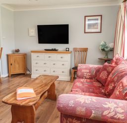 A living room with a television and a sofa at Bro Mebyd in Criccieth