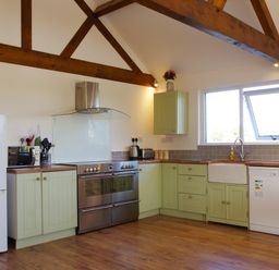A kitchen with green cabinets a stainless steel oven a white refrigerator a dishwasher and a window with wooden beams at Haimwood Byetake in Llandrinio