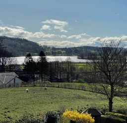 A field with sheep and a house near trees and a lake with hills in the background at Estcote Roger Ground near Hawkshead