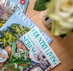 Magazines on a wooden table next to a vase with white flowers at Wall Cottage in Burford