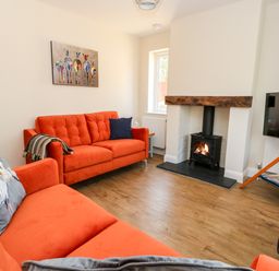 A living room with orange sofas a wood burning stove and a TV at The Chocolate Box in Weymouth
