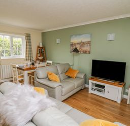 A living room with two sofas a dining table a television and a green accent wall at Oak Tree Cottage in Aberporth