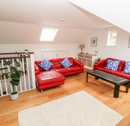 A sitting area with two red leather sofas blue patterned cushions a black coffee table white rug wooden floor and a potted plant at Puffins in Tenby
