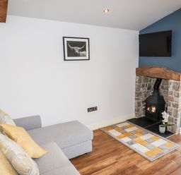 A living room with a gray sofa cushions a fireplace with a wood burning stove and a television mounted above at Celyn in Cyffylliog
