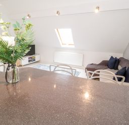 A living area with a sofa and cushions a skylight window a small television a rug and a dining table with chairs and flowers at 1 Old Kingdom Hall in Amlwch