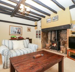 A living room with striped sofas a wooden coffee table a wood burning stove and a television at Red Roof Marsh near Combe St Nicholas