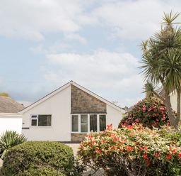 A white house with a triangular roof and a garden with bushes and flowering plants at 31 Beach Road Morfa Bychan