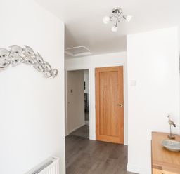 A hallway with a wooden door wooden console table with a decorative bird and plate round mirror and metallic fish wall art at 31 Beach Road in Morfa Bychan
