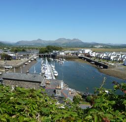A harbor with boats docked along piers surrounded by buildings and mountains in the background at Wenallt in Porthmadog