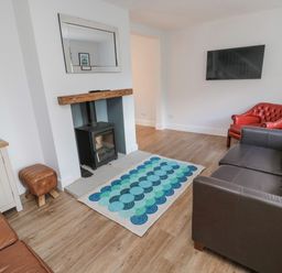 A living room with a fireplace a mirror above it a brown sofa a red armchair a patterned rug and a wall-mounted television at 3 St Cuthberts Garth in Bamburgh