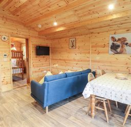 A wooden room with a blue sofa a dining table and chairs and a wall-mounted television at Buttercup Lodge in Theberton near Leiston