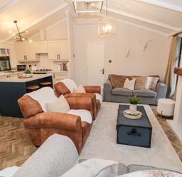 An open plan living room and kitchen with leather armchairs a grey sofa a black trunk coffee table and a fireplace at The Treeline in Swarland near Felton