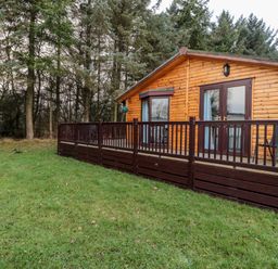 A wooden cabin with a deck and railing surrounded by grass and trees at The Treeline Swarland near Felton