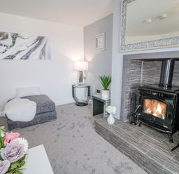 A living room with a fireplace a gray chaise lounge a side table with a lamp and plants at SJs Cottage in Castlerock