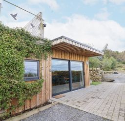A wooden building with a glass sliding door and a window partially covered with greenery at Hilltop Lodge in Corwen