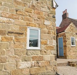 An exterior view of a stone cottage with a blue door and a small window with a plant inside at Rose Cottage Faceby near Swainby