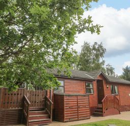 An exterior view of a wooden cabin with steps leading to two entrances and a tree in the foreground at 4 The Oaks in Swarland