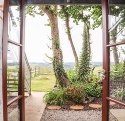 A garden view with trees plants and a grassy field seen through open glass doors at Polurrian House in Cury near Mullion