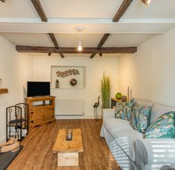 A living room with a fireplace a wooden coffee table a sofa with patterned cushions and a TV on a wooden stand at Smugglers Cottage Christchurch
