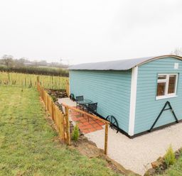 An outdoor area with a small teal wooden cabin a glass table and two chairs a wooden fence and grassy field at Robins Nest in Napton-On-The-Hill