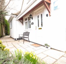 Exterior view of a white house entrance with a black bench and yellow flowers at Little Walton in Burnham-On-Sea