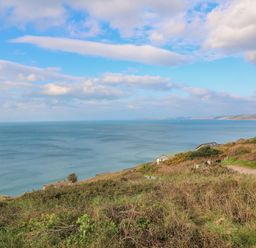 A coastal landscape with greenery overlooking the sea and a few buildings at Lodge 23 in Torpoint