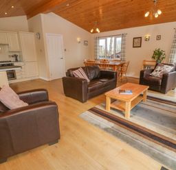 An open plan living room and kitchen with brown leather sofas a wooden coffee table a dining table and windows with curtains at Lodge 23 in Torpoint