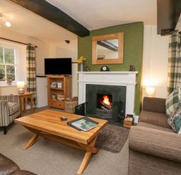 A living room with a fireplace a coffee table striped armchair and a brown sofa with plaid cushions at Nook Cottage Rosthwaite near Keswick