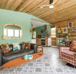 A living room with a black sofa and colorful cushions a patterned armchair a wooden coffee table and a kitchen area in the background at Lulu Logs in Congresbury