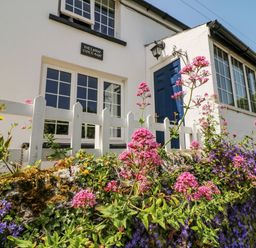 The exterior of a white cottage with a blue door pink and purple flowers and a white picket fence at Hillside Cottage in Crafthole