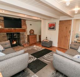 A living room with two grey sofas a patterned rug a stone fireplace with a wood stove a wooden cabinet a wooden door and a flat screen TV at Stonewall Sandsend