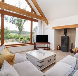 A living room with a gray sofa yellow and gray cushions a white coffee table a wood stove and a large wooden framed window showing trees and garden at The Nook in Jack's Green near Painswick