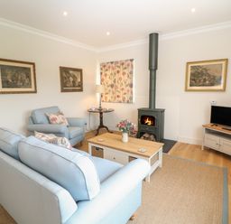 A living room with blue sofas a wood burning stove and a TV at Flagstone Cottage in Upper Swell near Stow-On-The-Wold